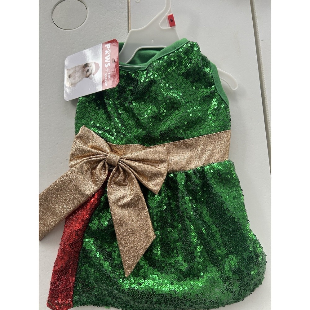 Paws The Season green and red sequin holiday dog dress with a large gold bow  S